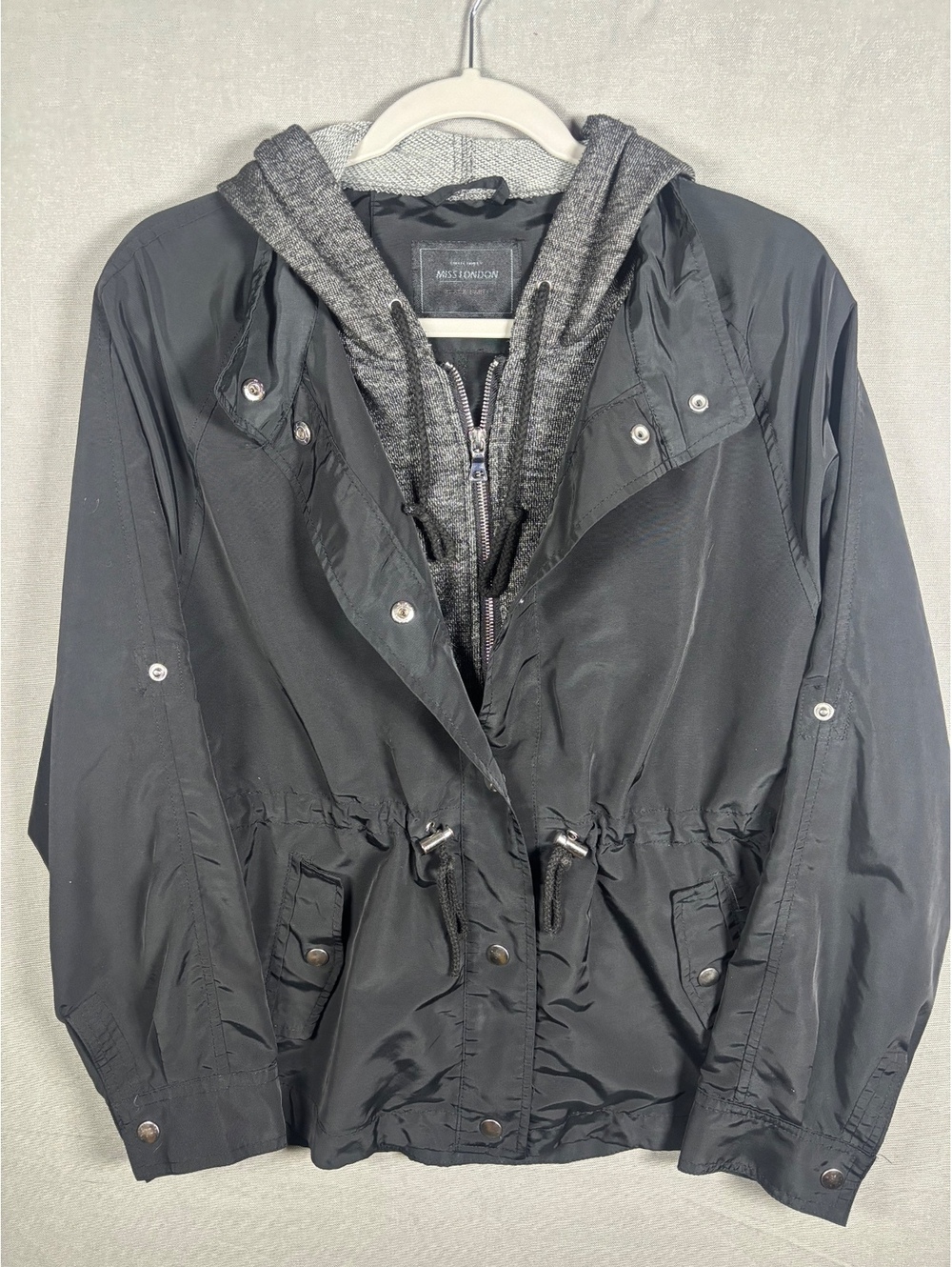 Miss London XL Black Hooded Utility Jacket Anorak Drawstring Waist Cargo Pockets